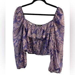 Zara Purple Paisley Print Long Ballon Sleeves Elastic Shoulders Cropped Blouse L